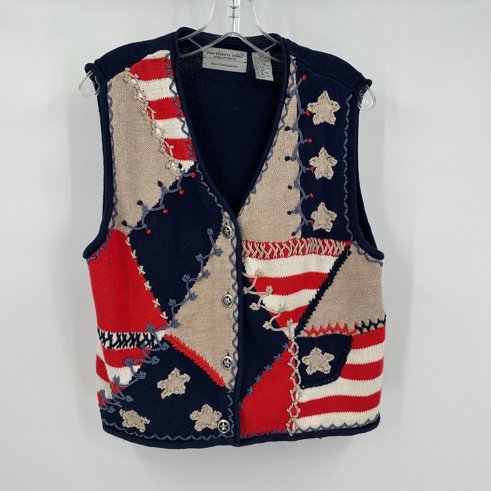 Northern‎ Isles Womens Americana Patchwork Vest Size L Hand Embroidered Vintage